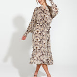 Fanfaire Long Sleeve Shirred Cuff Midi Dress - Lily Fields Neutral Print