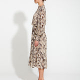Fanfaire Long Sleeve Shirred Cuff Midi Dress - Lily Fields Neutral Print