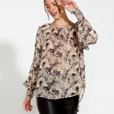 Fanfaire Long Sleeve Floaty Blouse Top - Lily Fields Neutral Print