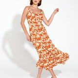 Confessions Frill Hem Fitted Maxi Dress - Plantation Palm Print in Orange
