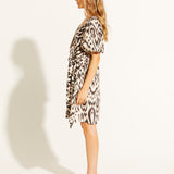 Paradise Above-Knee Wrap Dress - Abstract Animal Print in Cream/Brown