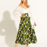 Storyteller Elastic Waist Panel Maxi Skirt - Leaf Print Green