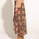 Something Beautiful Side Split Sheer Lined Midi Skirt - Tan Houndstooth Check