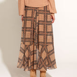 Something Beautiful Side Split Sheer Lined Midi Skirt - Tan Houndstooth Check