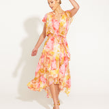 Earthly Paradise Frill Short Sleeve Wrap Midi Dress - Pink/Yellow Paradise Floral