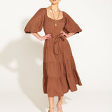 One And Only Puff Sleeve Waist Tie Tiered Midi Dress - Mocha Brown