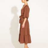 One And Only Puff Sleeve Waist Tie Tiered Midi Dress - Mocha Brown