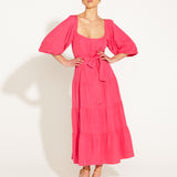 One And Only Puff Sleeve Waist Tie Tiered Midi Dress - Hot Pink