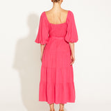 One And Only Puff Sleeve Waist Tie Tiered Midi Dress - Hot Pink