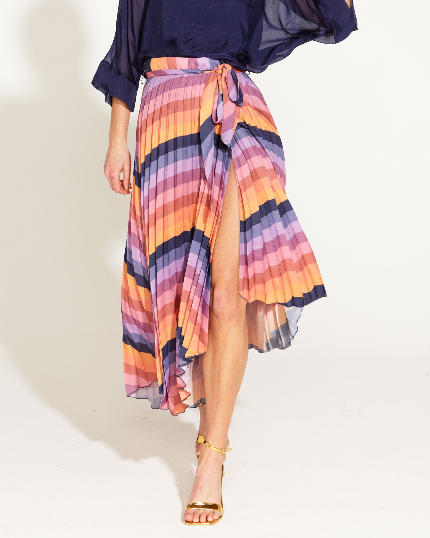 Sunset Dream Pleated Thigh Split Midi Skirt - Rainbow Sunset Stripe ... Sunset Dream Pleated Thigh Split Midi Skirt - Rainbow Sunset Stripe ...
