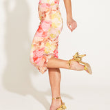 Earthly Paradise Bodycon Mesh High Elastic Waist Midi Skirt - Pink/Yellow Paradise Floral