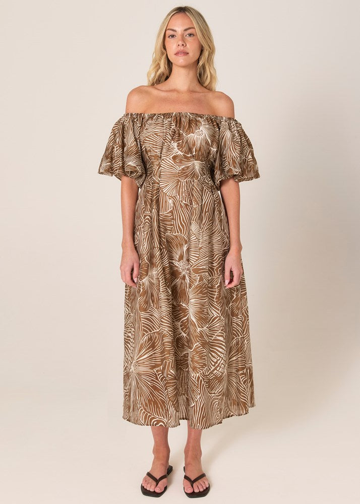 Tallulah Off-Shoulder Dress - Brown Petal Print