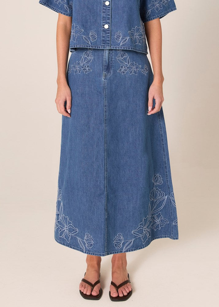 Sloane Embroidered Denim Skirt - Mid Blue