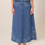 Sloane Embroidered Denim Skirt - Mid Blue