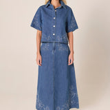 Sloane Embroidered Denim Skirt - Mid Blue