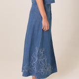 Sloane Embroidered Denim Skirt - Mid Blue