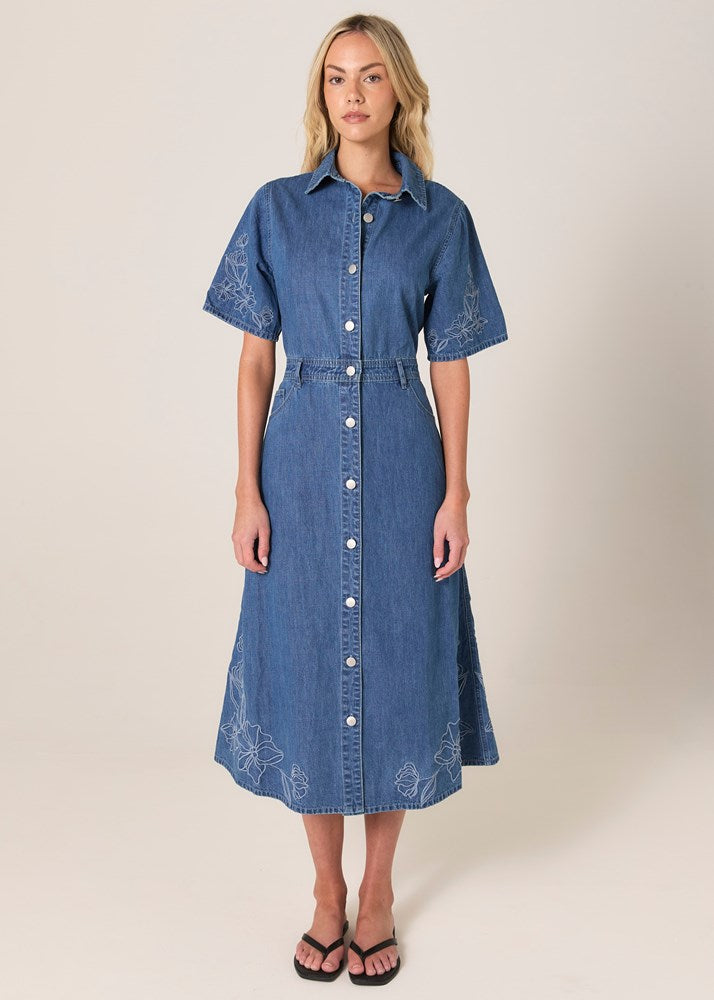 Sloane Embroidered Denim Dress - Mid Blue