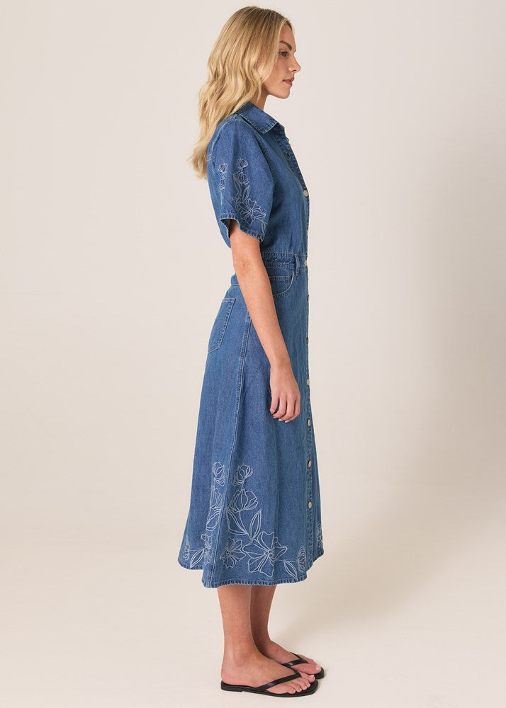 Sloane Embroidered Denim Dress - Mid Blue | Fate & Becker