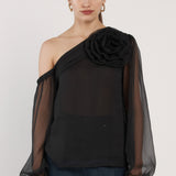 Aveline One Shoulder Flower Top - Black