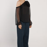 Aveline One Shoulder Flower Top - Black