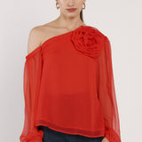 Aveline One Shoulder Flower Top - Red