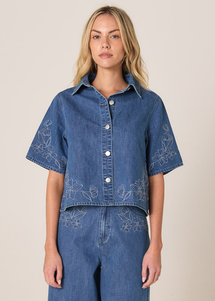 Sloane Embroidered Denim Shirt - Mid Blue