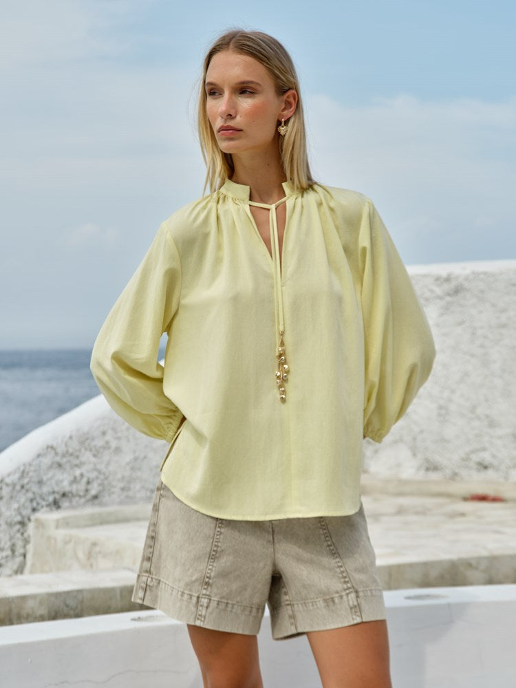 Shae Split Neck Blouse in Lemon | Fate + Becker - view 2
