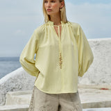 Shae Split Neck Blouse in Lemon | Fate + Becker - view 2