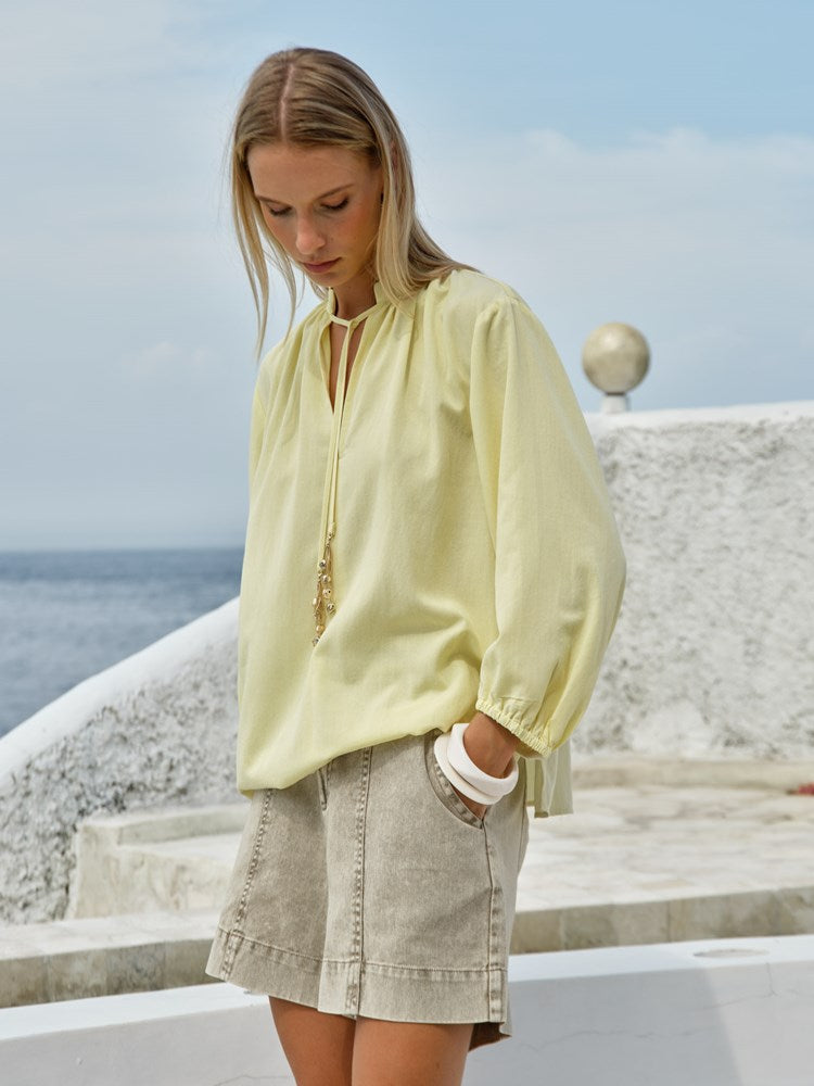 Shae Split Neck Blouse in Lemon | Fate + Becker - view 3