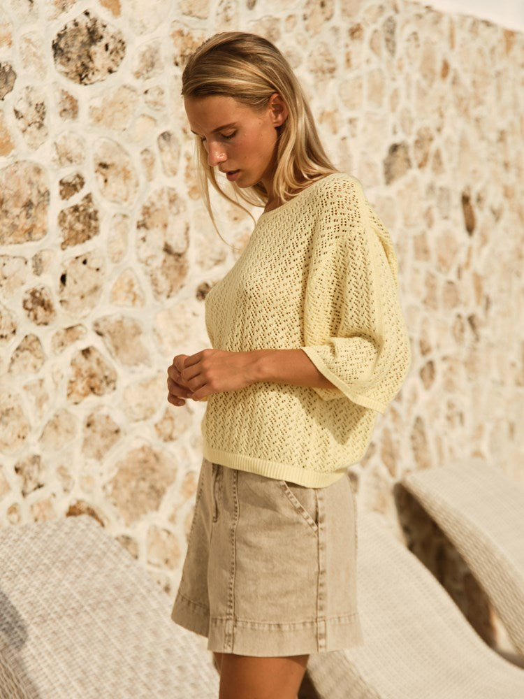 Mila Pointelle Top in Lemon | Fate + Becker - view 3