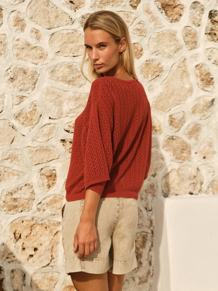 Mila Pointelle Top in Red Clay | Fate + Becker - view 2