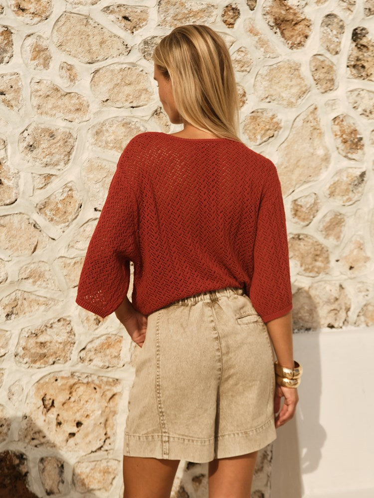 Mila Pointelle Top in Red Clay | Fate + Becker - view 3