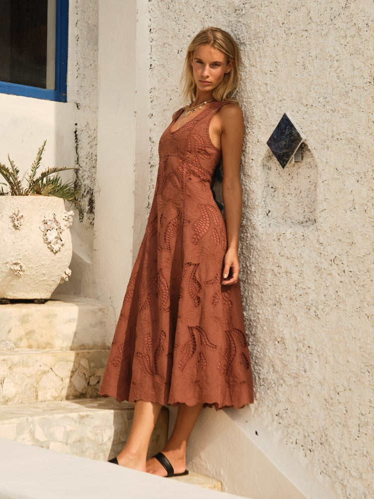 Alessia Lace Midi Dress in Red Clay | Fate + Becker - view 2