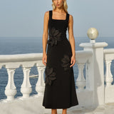 Ingrid Applique Midi Dress in Black | Fate + Becker