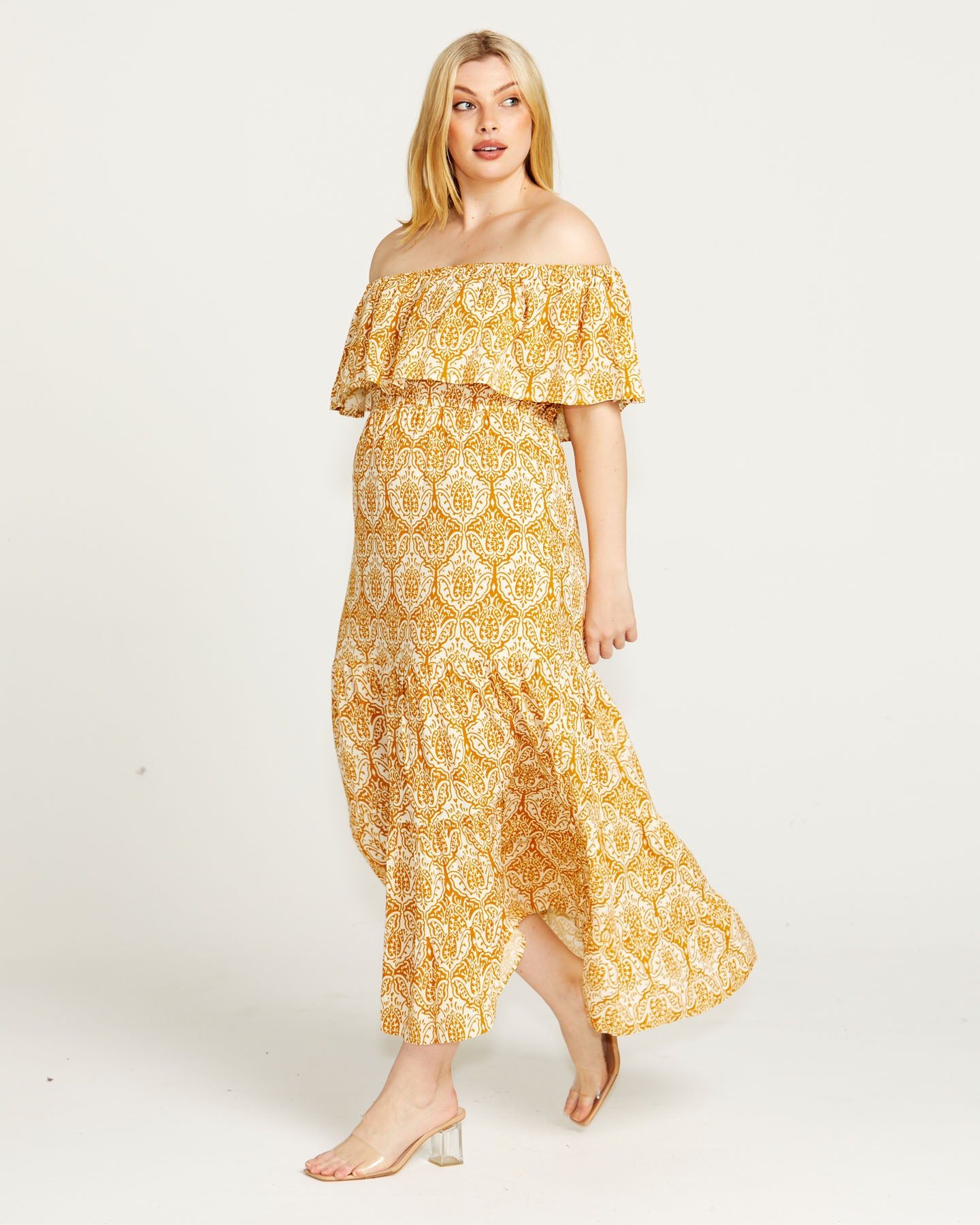 Plus size yellow outlet off the shoulder dress