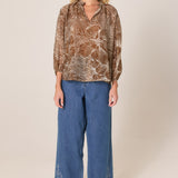 Tallulah Split Neck Blouse - Brown Petal Print