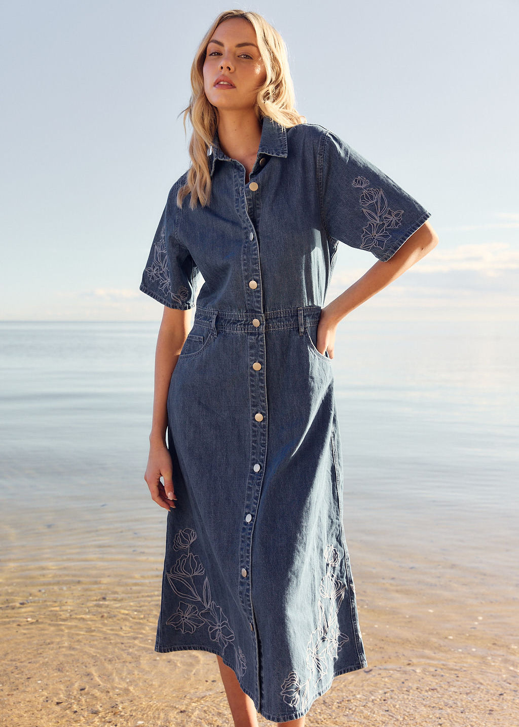 Sloane Embroidered Denim Dress - Mid Blue | Fate & Becker