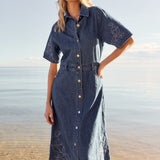Sloane Embroidered Denim Dress - Mid Blue