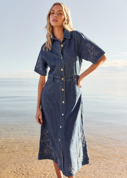 Sloane Embroidered Denim Dress - Mid Blue | Fate & Becker