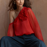 Aveline One Shoulder Flower Top - Red