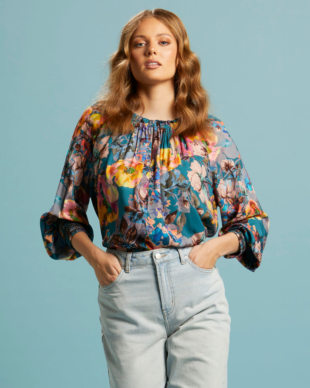 Pure Shores Shirred Sleeve Top - Teal Bouquet – FATE+BECKER