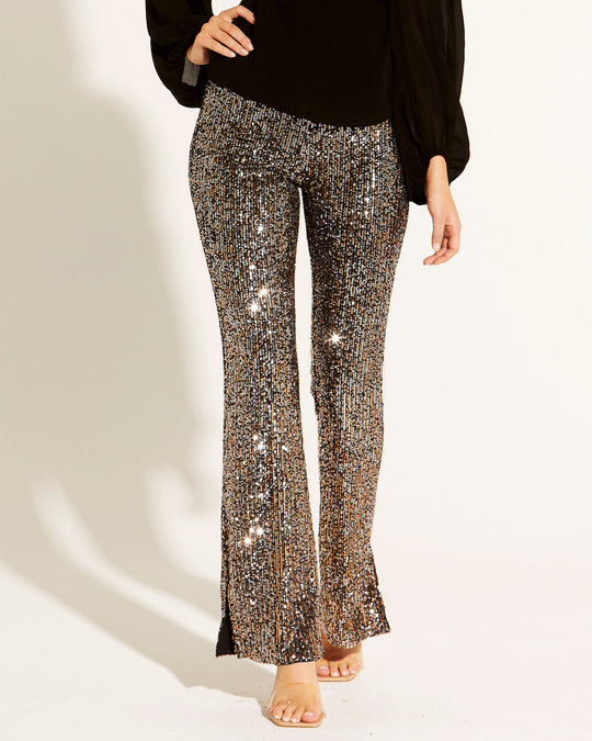 Supernova Sequin Fit and Flare High-Waisted Pants - Black/Gold Metalli ...