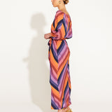 Sunset Dream Tie Waist Front Split Midi Dress - Rainbow Sunset Stripe