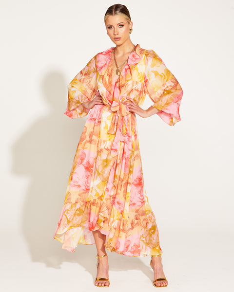 Earthly Paradise Long Sleeve Kimono Wrap Midi Dress Paradise Floral FATE BECKER