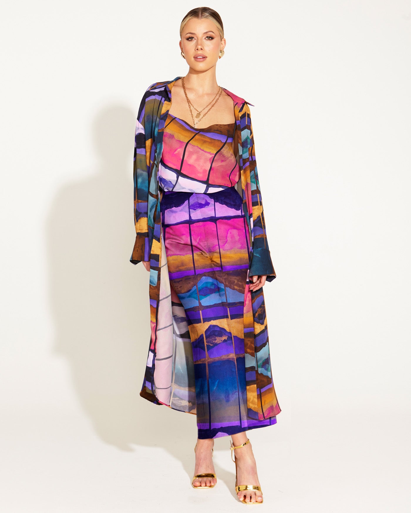 Somewhere Near Home Long Sleeve Wrap Duster Midi Dress - Rainbow Marbl ...