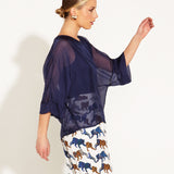 Sunlight And Shadow Batwing Relaxed Silk Top - Navy