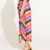 Sunset Dream Pleated Thigh Split Midi Skirt - Rainbow Sunset Stripe